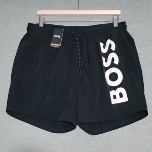Hugo Boss Men XL Octopus 5" Swim Trunks Vertical Logo Mesh Lined Black White NWT
